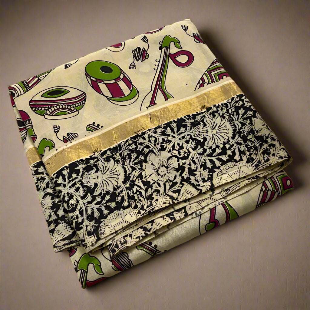 Two patterned cloths on a white surface with flowers in the corner