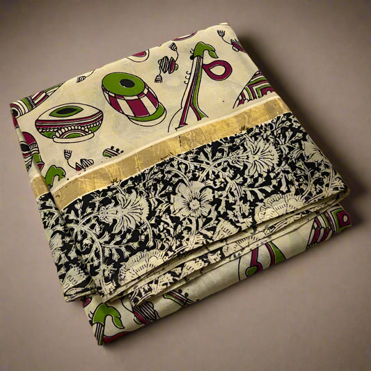 Two patterned cloths on a white surface with flowers in the corner