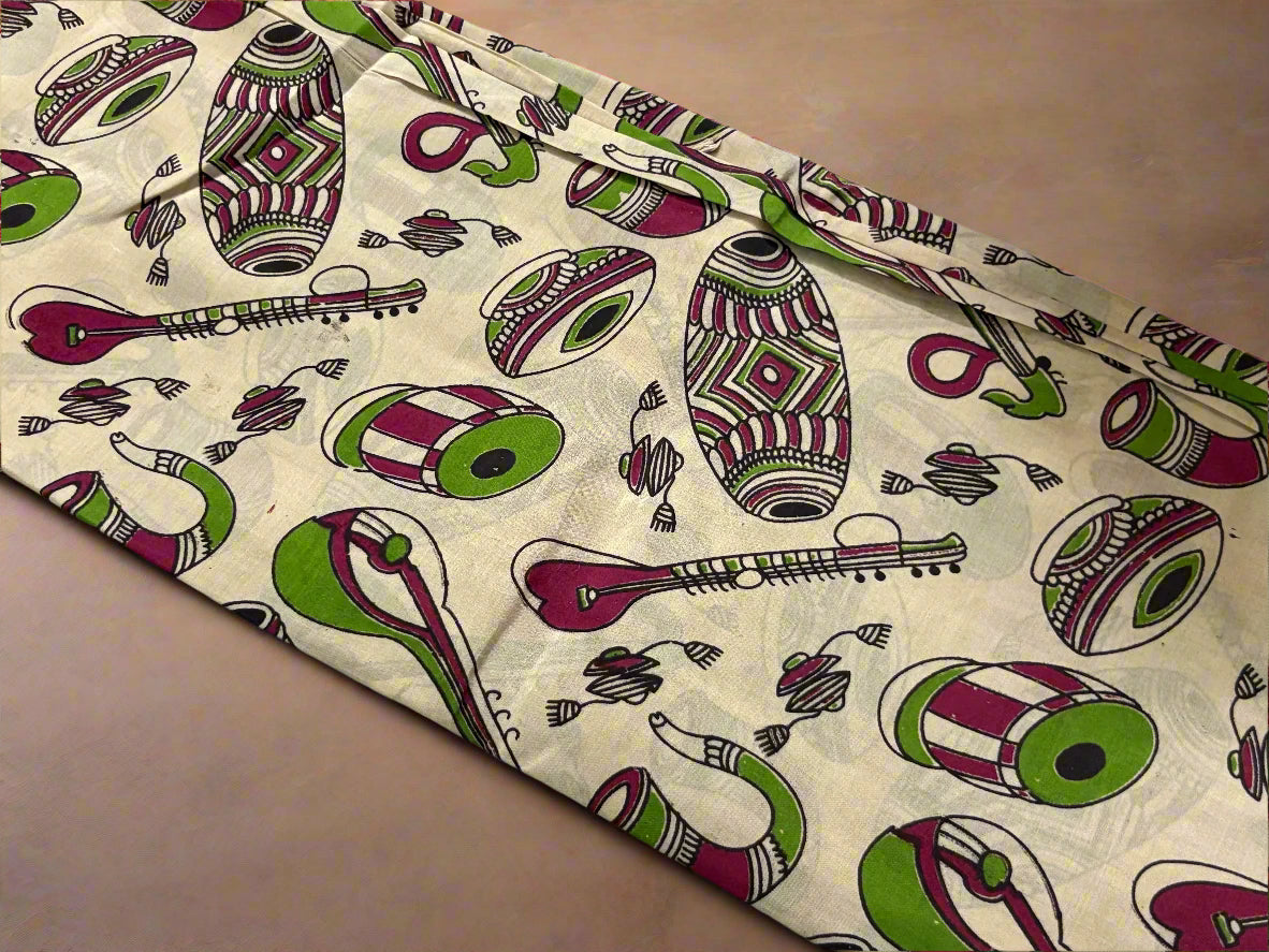 Fabric with musical instrument pattern on a plain background