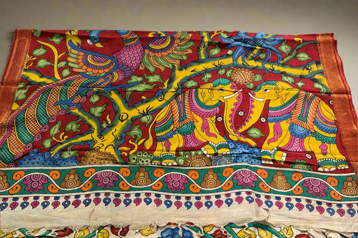 Colorful fabric with intricate patterns and designs on a textured background